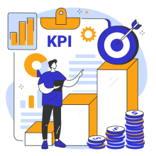 Illustrated graphic of a person standing in front of a clip board with data and KPIs on it.